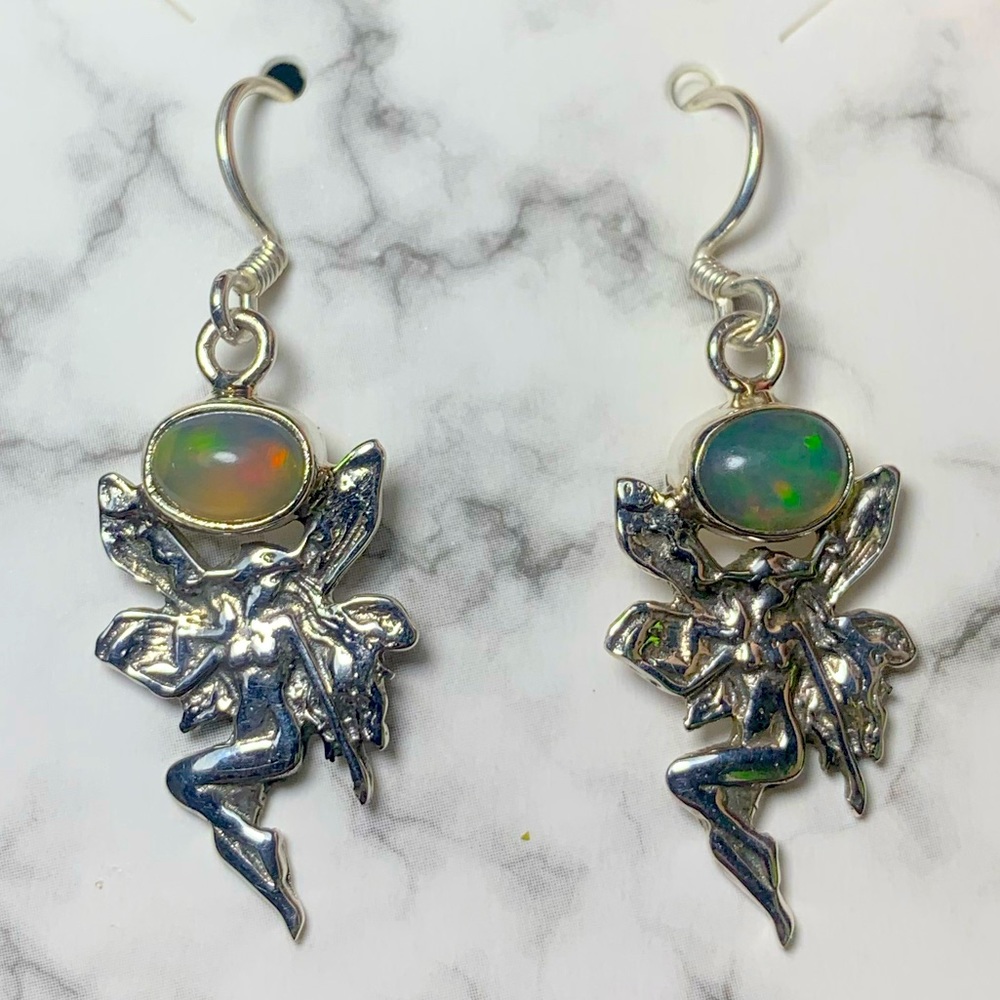 Solid sterling Ethiopian opal fairy earrings